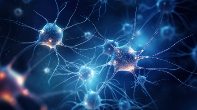 Close-up medical photo of brain neurons under microscope 3D style