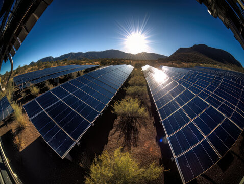 Fish eye view of a solar power plant in the evening