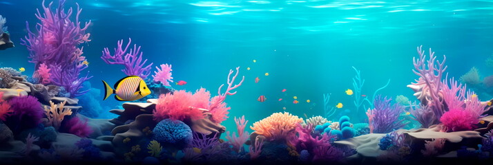 background vibrant underwater world filled with whimsical sea creatures and coral reefs.