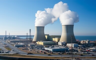 Cooling towers of Nuclear Power Station. Nuclear power plant and blue clean skies.