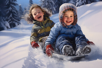 Fototapeta na wymiar Children playing in the snow in winter with a sledge, illustration generative AI