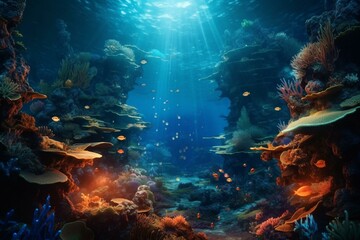 Obraz na płótnie Canvas An oceanic scene of vibrant coral reefs illuminated by ethereal blue lights. Generative AI