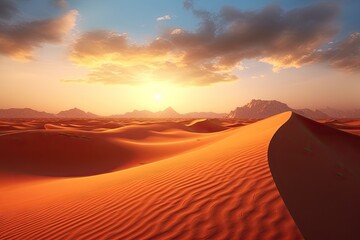 Fototapeta na wymiar Sahara serenity. Majestic desert dunes at sunset. Epic landscapes in sun. Golden sands and endless horizons at sunrise