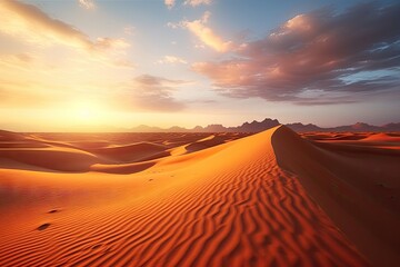Fototapeta na wymiar Sahara serenity. Majestic desert dunes at sunset. Epic landscapes in sun. Golden sands and endless horizons at sunrise