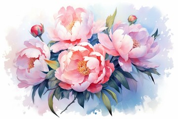Delicate watercolor peony bouquet on bright background. Generative AI