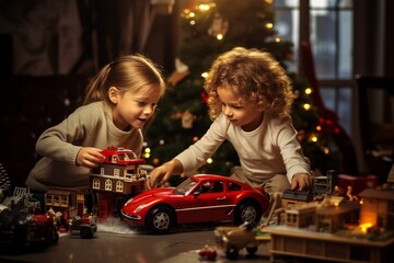 Winter holidays concept. Generative AI. Happy childhood. White-haired European little brother and sister play with toy cars near the Christmas tree.