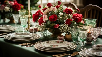 A classic, red-and-green Christmas table setting
