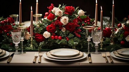 Fototapeta premium A classic, red-and-green Christmas table setting 