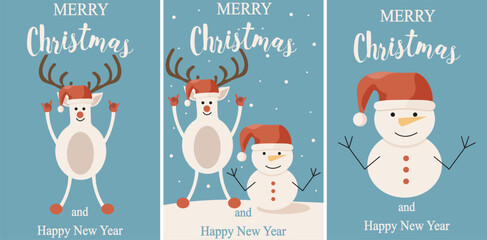 Retro set Christmas greeting card cover with vintage cartoon Character. Trendy Xmas and New Year collection Retro celebration poster, banner. Vector illustration. Snowman and reindeer character.