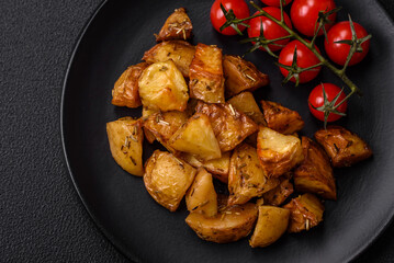 Delicious crispy fried potato wedges with salt, spices and herbs
