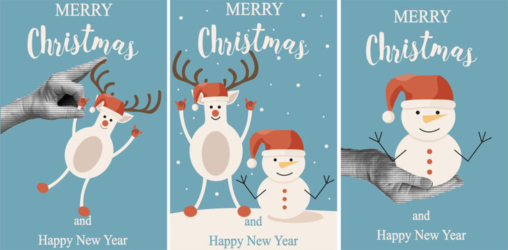 Halftone Retro set Christmas greeting card cover with vintage cartoon Character. Nostalgia Trendy Xmas and New Year collection Retro celebration poster, banner. Vector illustration. 