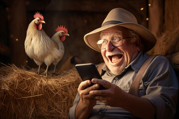 portrait of a funny old man, a villager, he sits on hay in barn of ranch, and laughs, using smartphone for video call or playing online game, chickens around him, retro style - obrazy, fototapety, plakaty