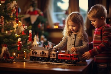 Winter holidays concept. Generative AI. Happy childhood. White-haired European little brother and sister play with toy locomotives train near the Christmas tree. - obrazy, fototapety, plakaty