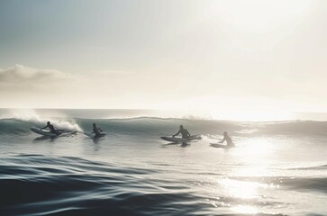 Surfers board summer ocean swimming wave. Active sport water outdoor. Generate Ai