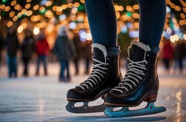 Naklejka premium Close-up of skates on the legs of a girl at the evening skating rink against the background of a lights , garlands and joyful people in winter clothes and skates. AI generated