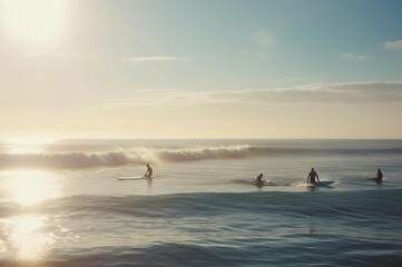 Surfers board summer ocean swimming at morning. Holiday nature surf activity. Generate Ai