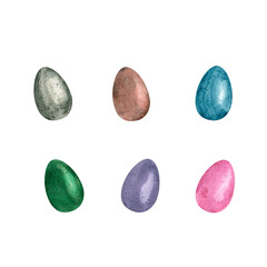 A set of bright Easter eggs in pink, green, brown, gray, blue and purple colors. Granulation. Watercolor illustration, isolate on a white background. Template for the design of postcards, packaging