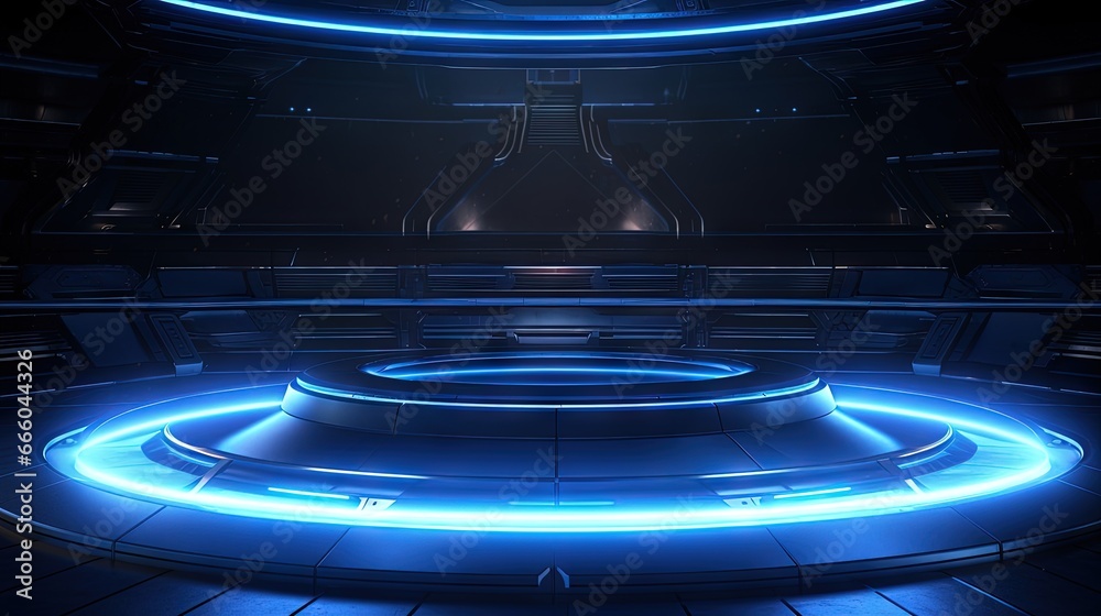 Aufkleber neon glowing circle empty stage laser beams studio lights dark sci fi futuristic retro concrete spac