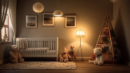 Interior of light children's room with baby bodysuits, lamp and table