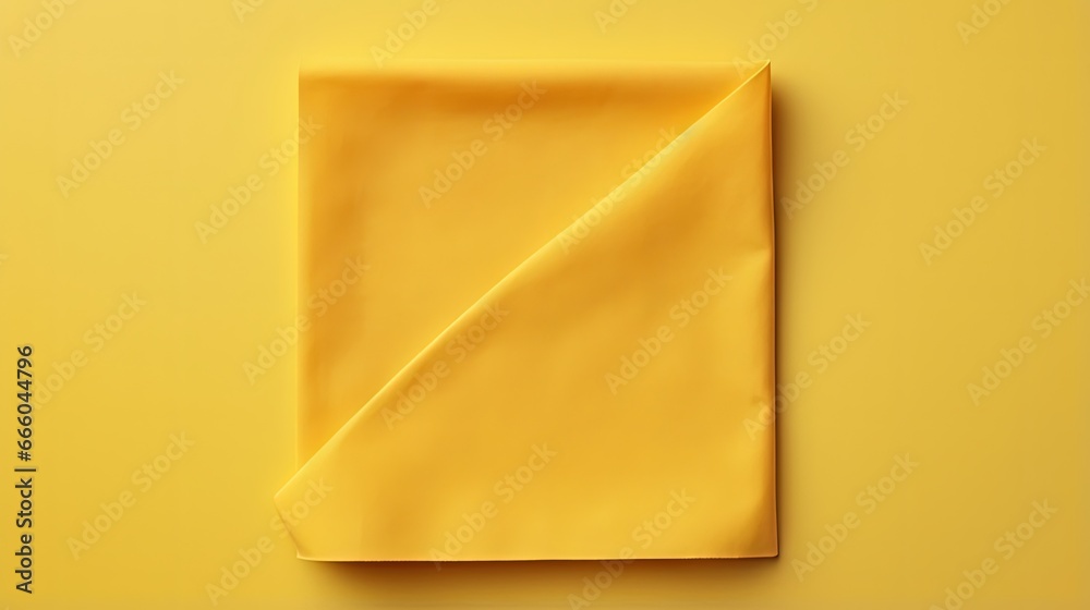 Poster top view with yellow empty kitchen napkin isolated on table background. Folded cloth for mockup with copy space, Flat lay. Minimal style.