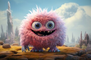 Adorable creature made of carpet dust fuzz, forming a cute pilling monster. Digital illustration of a painting with scenic backgrounds. Generative AI