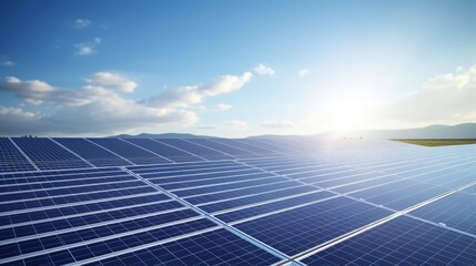 Photovoltaic modules of huge solar panels with clear blue sky and sun on background