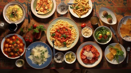 Foto op Plexiglas Top of view full table of italian meals on plates and pan. Pizza pasta risotto soup and fish vegetable salad. © HN Works