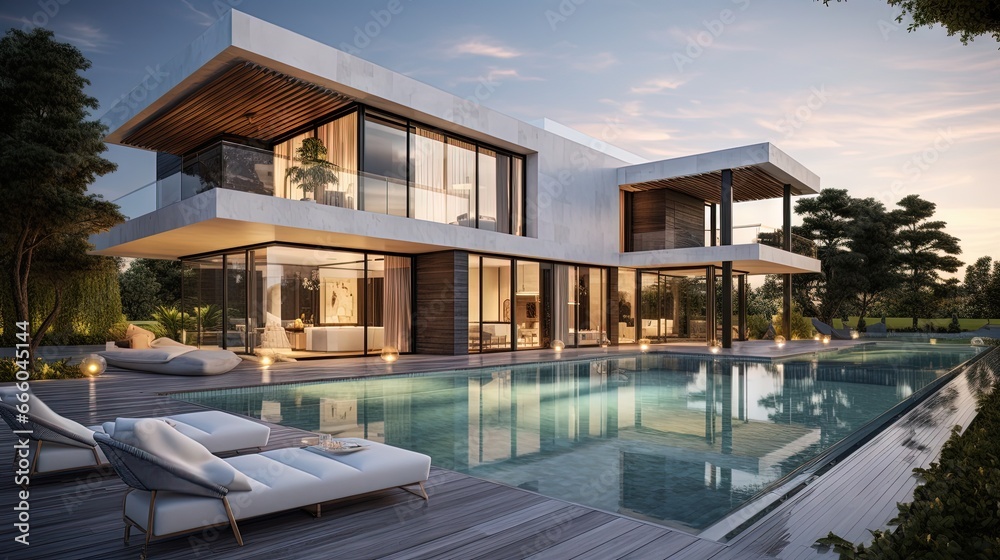 Poster 3D rendering of an upscale modern villa with pool and garden