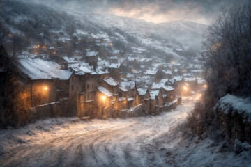 a small village against the background of hard nature in winter, blizzard, old wooden huts, dramatic sky and snowy mountains, beautiful landscape