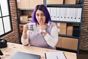 Plus size woman wit purple hair working at small business ecommerce holding i am the boss cup...