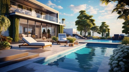 Fototapeta na wymiar Backyard with swimming pool in stylish home