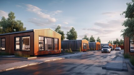 Assembly shop of modular houses with ready-made and unfinished. 3d illustration