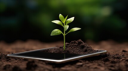 the plant grows on the tablet. business concept - obrazy, fototapety, plakaty