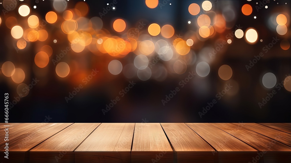 Poster empty wooden table top with lights bokeh on blur restaurant background.