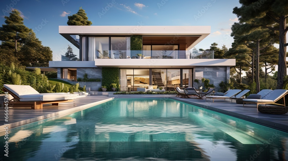 Poster 3D rendering of an upscale modern villa with pool and garden