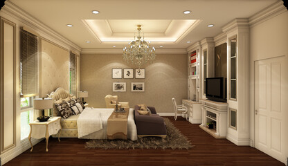 3d render illustration The bedroom is luxurious in every aspect of the design. Focus on the details of every part of the job.