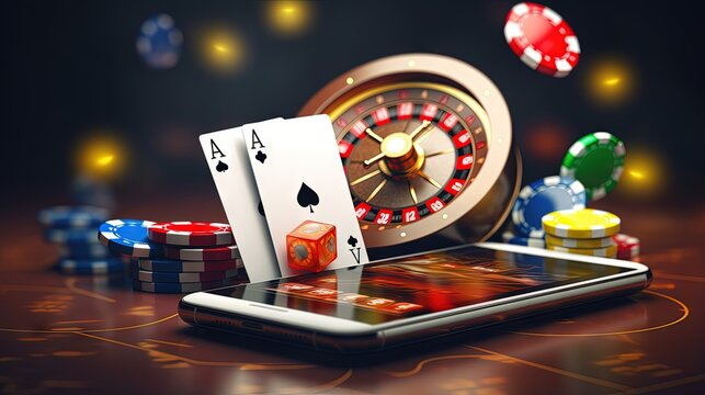Online casino gambling concept. Slot machine on a smartphone screen, poker chips and abstract background. 3d illustration