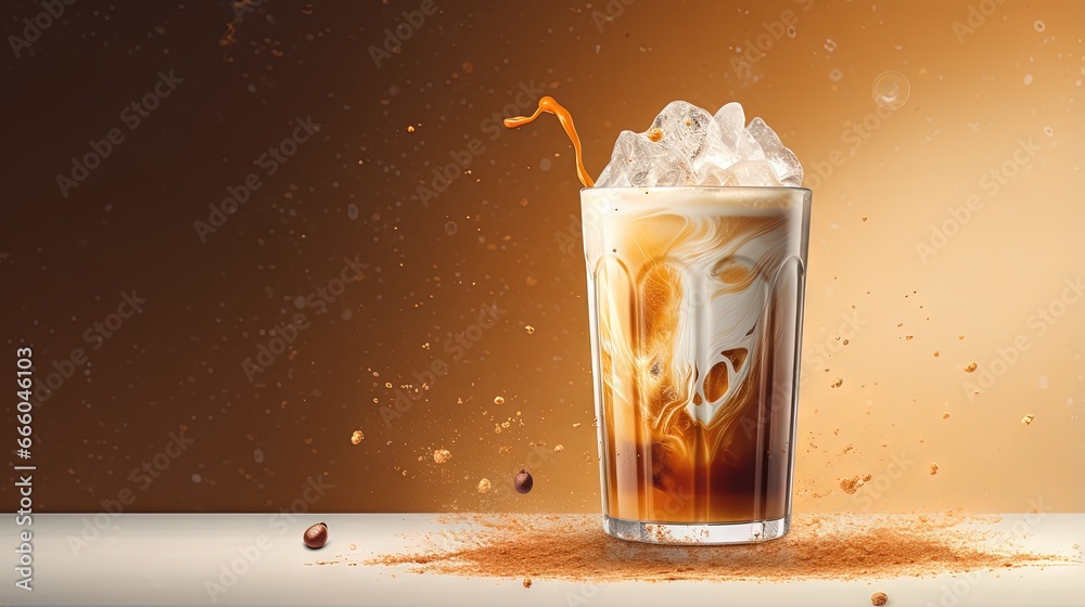 Poster Ice coffee latte with cream being poured into it showing the texture and refreshing look of the drink, with a clean background.