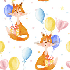 Watercolor seamless pattern with Fox. Red cheerful fox with balloons. Design for wrapping paper, greetings and textiles.