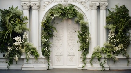 Fototapeta na wymiar White plastic entrance door and facade decorations with plants