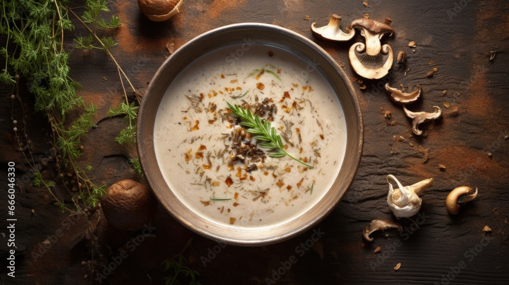 Poster mushroom soup with dried porcini mushrooms, bay leaf and pepper on rustic table texture background. 