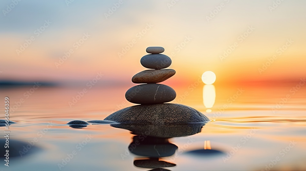 Poster balanced pebble pyramid silhouette on the beach on sunset. selective focus abstract bokeh with sea o