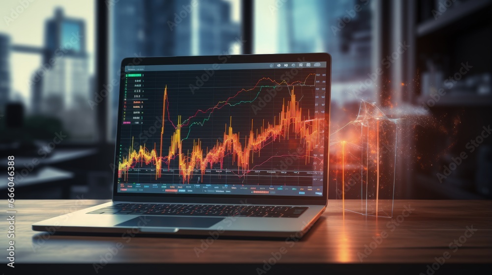 Poster Forex graph hologram on table with computer background. Multi exposure. Concept of financial markets.