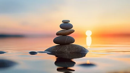 Gordijnen Balanced pebble pyramid silhouette on the beach on sunset. Selective focus Abstract bokeh with Sea on the background. Zen stones on the sea beach, meditation, spa, harmony, calmness, balance concept. © HN Works