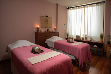 Spa room interior with two massage and treatment beds
