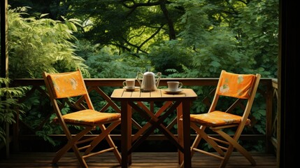 Fototapeta premium Wooden chairs at Dining table covered with orange tablecloth standing on wooden terrace in green garden