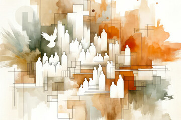 Ministry of Jesus. Jesus preaching to people on abstract colorful background. Digital watercolor...