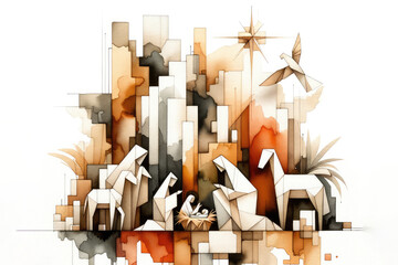Nativity scene on abstract geometric background - obrazy, fototapety, plakaty
