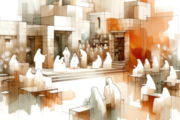 Ministry of Jesus. Jesus preaching to people on abstract colorful background. Digital watercolor painting
