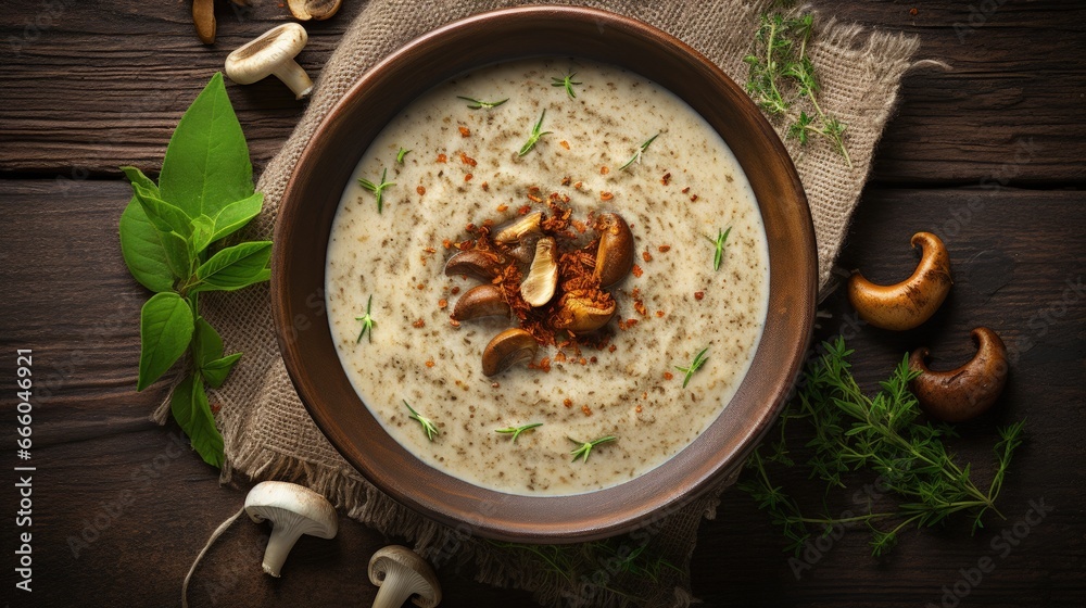 Poster mushroom soup with dried porcini mushrooms, bay leaf and pepper on rustic table texture background. 